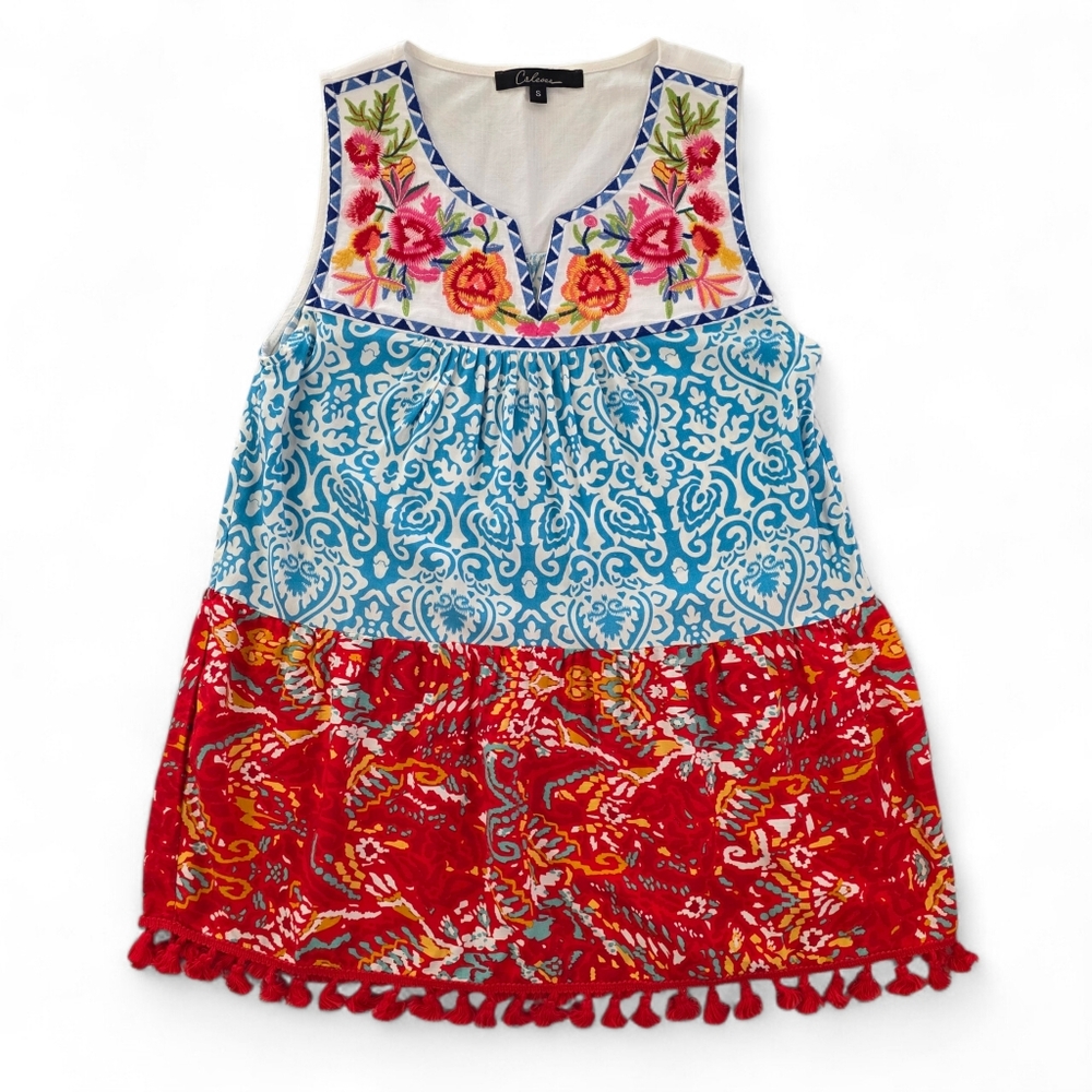 Caleooa Embroidered Floral Boho Peasant Sleeveless Top Tassel Hem Small Rayon